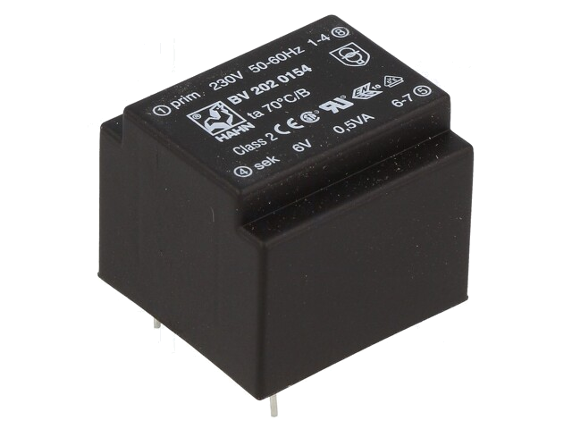 Transformator: ingegoten; 0,5VA; 230VAC; 6V; 83mA; PCB; BV Transformator: ingegoten; 0,5VA; 230VAC; 6V; 83mA; PCB; BV